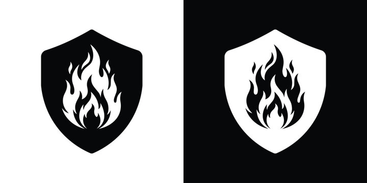 Fire safety icon showcasing a prominent protective shield emblem with an inner flame graphic, available in solid black and white minimalist variations.