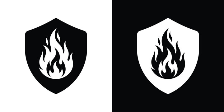 Fire safety icon showcasing a prominent protective shield emblem with an inner flame graphic, available in solid black and white minimalist variations.