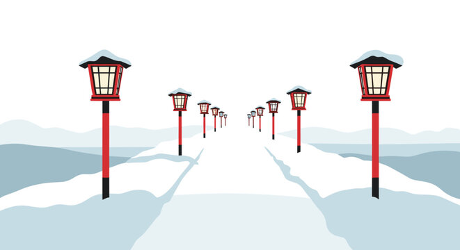 Snowy street lined with traditional red lanterns casting a warm glow, serene winter landscape with soft snowdrifts and distant mountains
