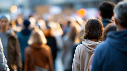 Fototapeta premium People marching together in a large street protest, solidarity and social justice concept, collective civic action, urban setting, defocused crowd background, faceless, faces not