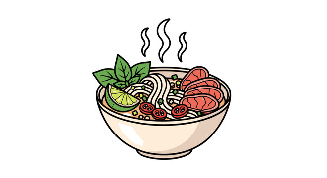 Illustration of a steaming bowl of pho soup with fresh herbs, lime, and sliced meat on a white background