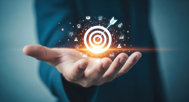 Business Target Success Goal Achievement and Strategy Presentation Hand Holding Digital Target with Arrow and Icons Business Concept 150 Characters