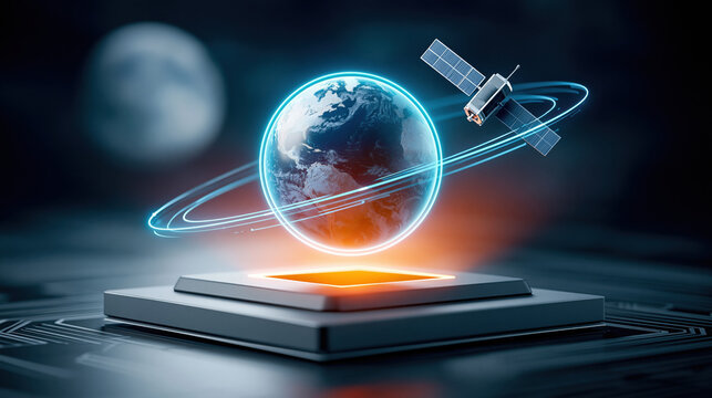 Glowing holographic Earth projection above processor with orbiting satellite, futuristic technology and global communication energy