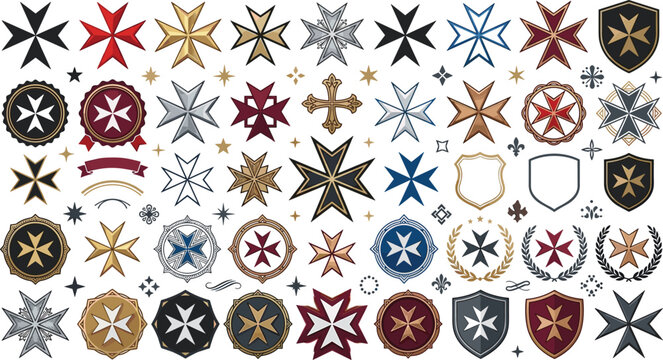 Maltese Cross and Heraldic Symbol Collection Vector Illustration with Medieval Emblems, Shields, and Decorative Military Badge Elements