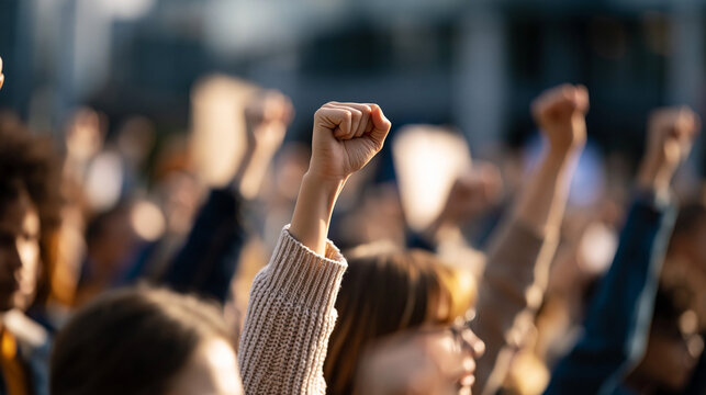Group of youngsters chanting slogans and demonstrating together, youth social movement and civic engagement concept, street protest, defocused urban background, faceless, faces