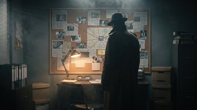 Dark detective room with illuminated evidence wall and anonymous investigator silhouette studying connected clues in cinematic noir true crime atmosphere