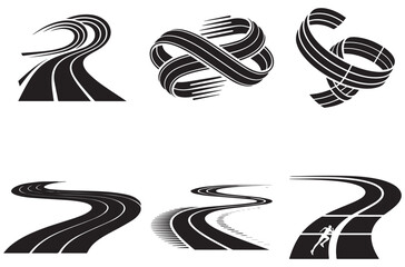 Collection of six abstract road and track designs, including a running person silhouette, ideal for transportation, progress, and journey themes © Md Jamal Uddin