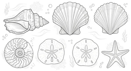 Collection of Seashells and Starfish Line Art Illustration. © Deni