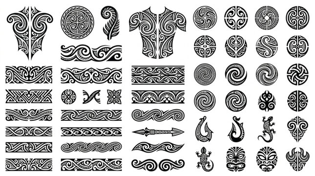 Collection of tribal ornamental patterns and symbols.