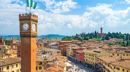 Fototapeta premium A stunning high angle photograph captures the historic clock tower rising above the vibrant terracotta rooftops and busy streets of the beautiful city of Siena Italy