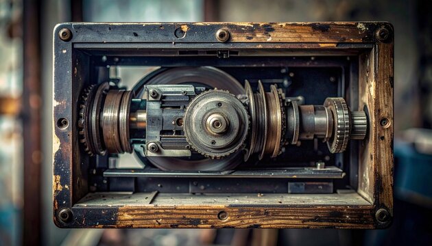 Close-up of vintage video cassette transport mechanism inside open shell