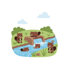 Naklejka premium Cartoon Beavers Building a Dam in a River Environment