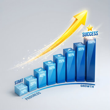 Startup growth bar chart with percentage markers showing incremental business progress leading toward final victory.