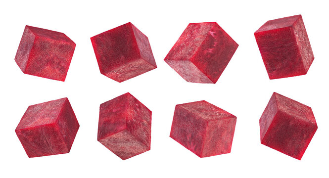 Set of eight sliced cubes of beetroot isolated on white
