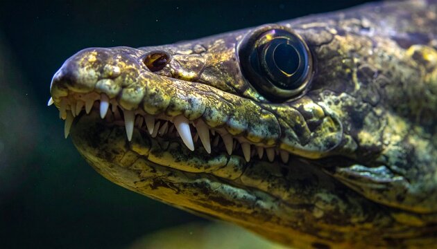 Close-up macro portrait of an alligator gar fish with sharp teeth and textured scales