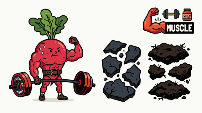 Strong radish character lifting a heavy barbell with soil and rock elements.