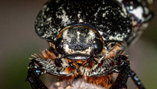 Close-up portrait of a Goliath beetle with white and black patterned shell