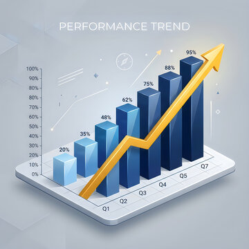 Isometric bar chart demonstrating a performance trend over seven quarters, with a yellow arrow indicating growth.