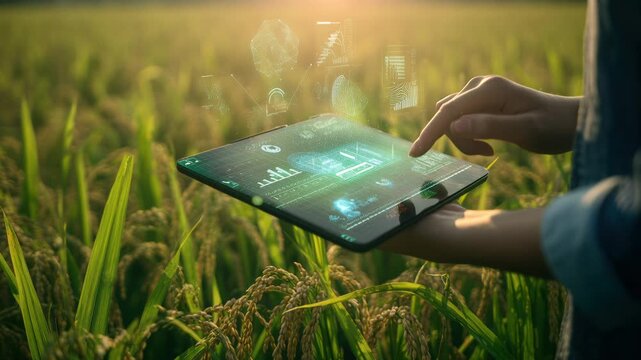 Agronomist using AR tablet to scan and analyze rice crop health, digital overlay, precision farming, agri tech, smart agriculture, field diagnostics.