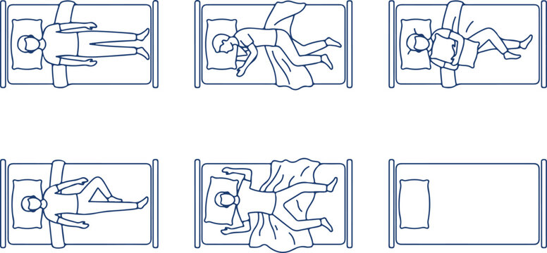 Top view illustrations of people sleeping in various positions on beds, simple blue outlines.