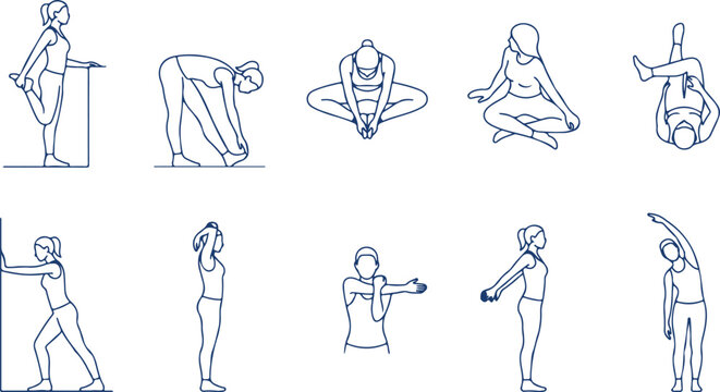 Collection of women's stretching and exercise poses, simple blue outlines on checkered background.