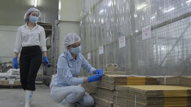 Food factory automated production line, factory warehouse worker woman wearing mask gloves and hairnet sorting cardboard carton packages in industrial storage aisle packaging line manual labor safety
