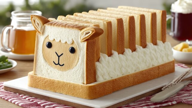 A creative bread loaf shaped like a cute sheep with slices arranged as wool, surrounded by breakfast items.
