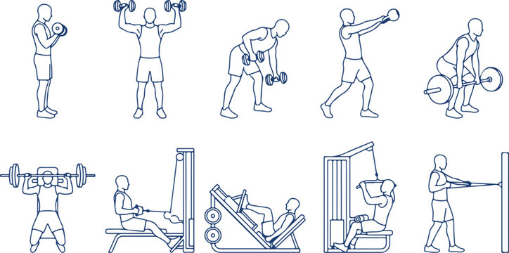 Weightlifting and gym equipment icons set for strength training and bodybuilding exercises with barbells dumbbells and machines.