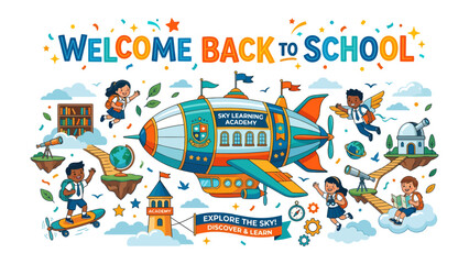 Welcome Back to School Adventure: A whimsical illustration depicts children embarking on an educational journey aboard a fantastical airship, surrounded by elements of learning and exploration. © Hussain