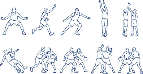Collection of line art basketball players in various action poses, dynamic movement and sportsmanship depicted with simple blue outlines. © Sadhin