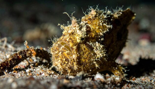 Close-up macro portrait of a hairy frogfish camouflaged on reef rubble