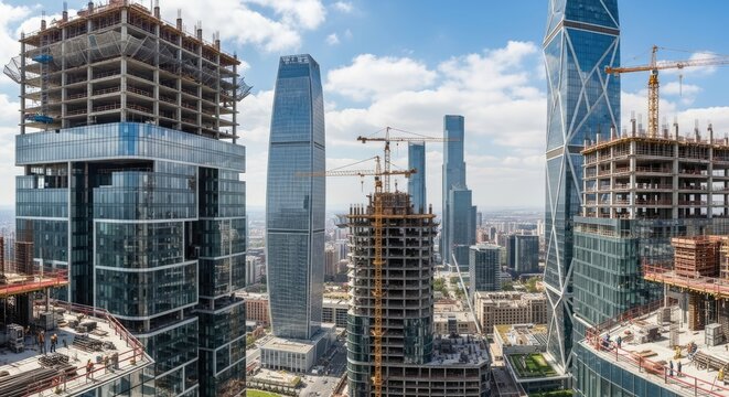 Cityscape with modern skyscrapers under construction.