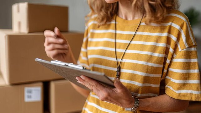Warehouse worker documenting packages, inventory clerk, logistics assistant, fulfillment center, cardboard box handling, order processing.