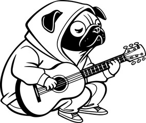 Fototapeta premium A pug dog with a guitar silhouette vector illustration