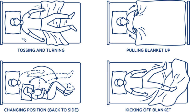 People in bed illustrating sleep positions tossing and turning pulling blanket up changing position kicking off blanket.