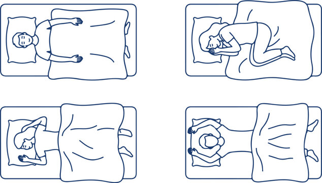 Four different sleeping positions shown from above with pillows and blankets for restful night sleep illustration.