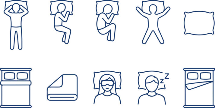 People in different sleep poses and bedtime items: bed, pillow, sleep mask, blanket, alarm clock and human figures.