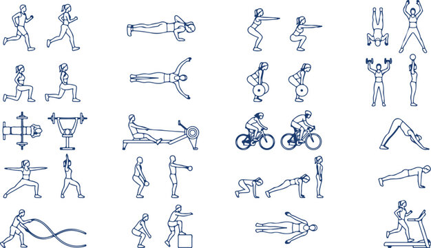 Collection of people engaged in various fitness activities including running weightlifting cycling yoga and cardio exercises.