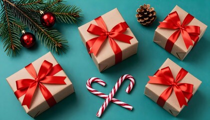 Fototapeta premium Festive Christmas gifts with red ribbons and candy canes arranged on a teal background