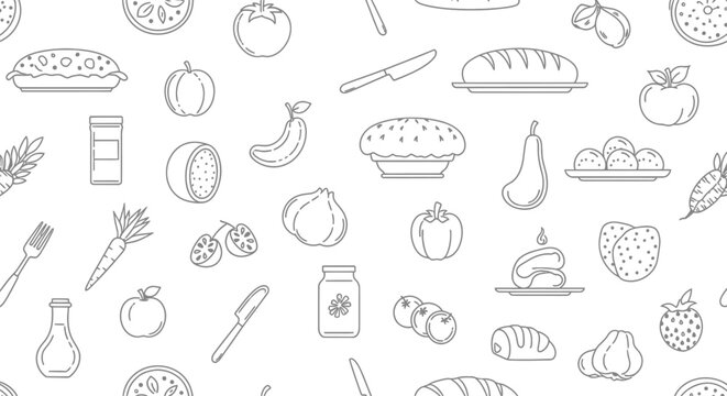Seamless pattern with food and kitchen line icons on white background