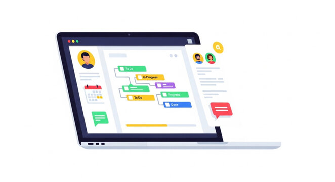 Laptop displaying a workflow automation diagram with user profiles and chat bubbles.