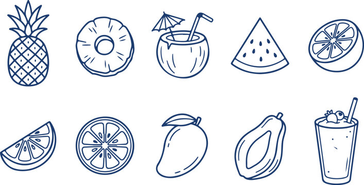 Tropical fruits and drinks doodle collection pineapple coconut cocktail watermelon orange mango papaya isolated on white background.