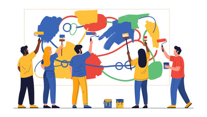 Fototapeta premium Teamwork Makes the Dream Work: A group of diverse individuals collaboratively paints a vibrant mural, symbolizing creativity, unity, and shared vision in action.