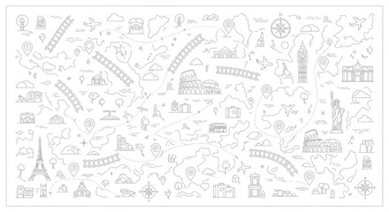 Obraz premium World Travel Map Icons: Landmarks, Transportation, and Adventure Line Art