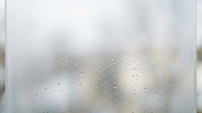 Water droplets on frosted glass pane with blurred natural background