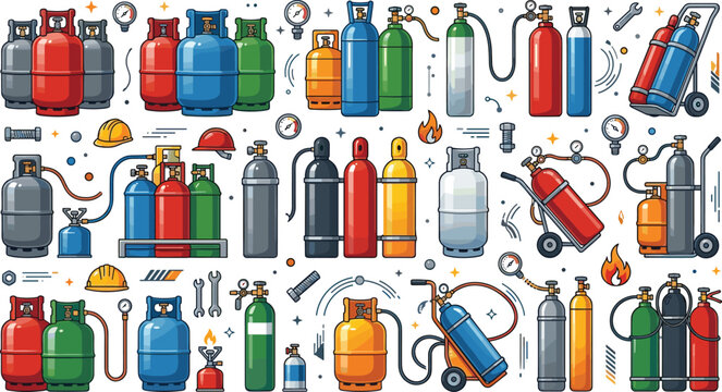 Industrial Gas Cylinder and Oxygen Tank Collection Vector Illustration with Welding Equipment, Safety Tools, and Compressed Fuel Containers