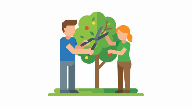 Man and woman pruning a fruit tree in the garden