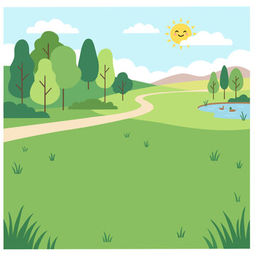 Sunny day in a park with trees, pond, and a happy sun illustration