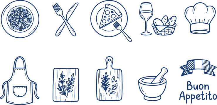 Italian restaurant kitchen and dining icons chef hat apron cutting board mortar pestle with pasta pizza and wine.