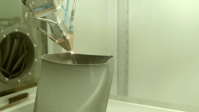 3D metal printer produces a steel part - Aerosol Jet Printing (AJP) - the smallest droplets of material are applied by an aerodynamically focused jet onto a three-dimensional base. Closeup